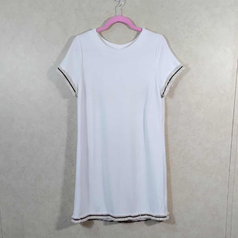 6176 Jude Connally cream knit S/S dress w/fringe trim M